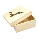 Wooden box with laser-cut origami reindeer design, dimensions 11.3 x 11.3 x 5 cm.