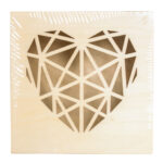 Wooden box with laser-cut origami heart design, dimensions 11.3 x 11.3 x 5 cm.